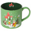 Green mug with festive design of gnomes, mushrooms, and a Christmas tree on a white background
