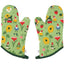 Pair of green oven mitts with gnome and flower pattern on a white background