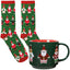 Green mug and socks with Santa Claus and reindeer design on a white background