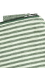 Close-up of a green and white striped pouch with a zipper.