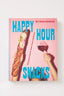 The book cover of 'Happy Hour Snacks' by Bec Vrana Dickinson, featuring a pink background with a large blue title and images of a baguette and a glass of red wine held by hands.