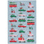 Pattern of Christmas-themed vehicles on a blue background with snowflakes.