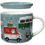 Mug with festive design of vehicles and Santa Claus,