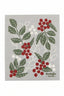 Decorative cloth with holly berry pattern and 'EcoLogie danica' branding on a gray background.