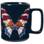 Navy mug with a colorful butterfly design on a white background