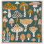 Mushroom patterned fabric swatch with various shades of brown, white, and pink on a green background.