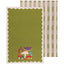 Green tea towel with mushroom design and striped fabric in the background