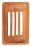 Wooden soap dish with slotted design on a white background