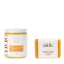 Jar of body scrub and bar of soap with 'aide' branding on a white background
