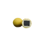 Two yellow balls, one intact and one with a black square cutout, on a white background.