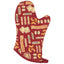 A quilted oven mitt with a red background and a pattern of various pasta shapes in beige and yellow.