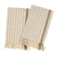 Two beige and brown striped towels with fringes on a white background