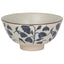 Ceramic bowl with blue leaf patterns on a white background
