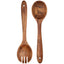Two wooden utensils, a spoon and a fork, on a white background 