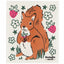 Squirrel holding a strawberry with floral elements on a white background, featuring the brand 'Ecologie danica'.