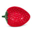 Red strawberry-shaped dish with a green stem on a white background