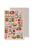 Decorative paper with vintage-style food packaging illustrations and a striped pattern on the right.