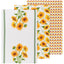 Set of three sunflower-themed kitchen towels with different patterns on a white background.