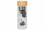 Clear glass bottle with bamboo lid featuring swan design on a white background