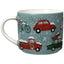 Mug with Christmas-themed design featuring cars, trucks, and bicycles on a blue background.