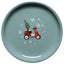 Round blue plate with a red scooter and Christmas tree design on a white background