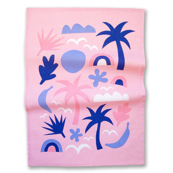 tropics tea towel pink, blue and white abstract palm tree print