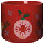 Red ceramic mug with Christmas-themed design featuring holly, snowflakes, and a decorative ball.