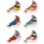Set of six ceramic bird-shaped dishes with colorful patterns on a white background