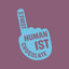 Blue foam finger with 'The First Human 1st Chocolate' text on a purple background