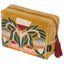 Yellow pouch with floral embroidery and tassel on a white background