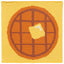 Knitted square with a globe design and a yellow square in the center on a yellow background