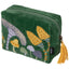 Green pouch with embroidered designs and a yellow tassel on a white background