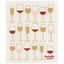 A square dishcloth featuring a grid of wine glass illustrations in gold and pink tones, with some filled with red wine. The brand name 'Ecologie danica' is printed in red at the bottom right.