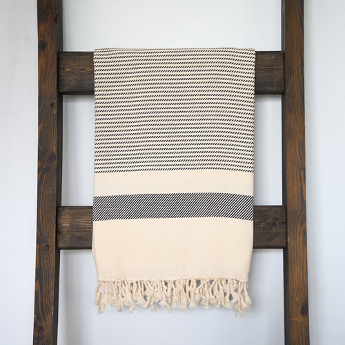 Black and oatmeal cream striped Turkish Towel