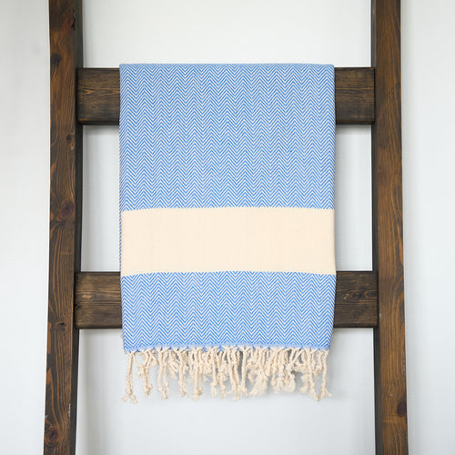 Blue Oatmeal Chevron Print Turkish Towel