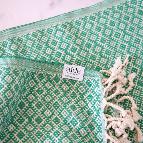green burdock print Turkish towel detail
