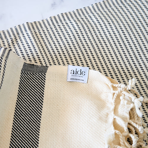 Black and oatmeal cream striped Turkish Towel detail