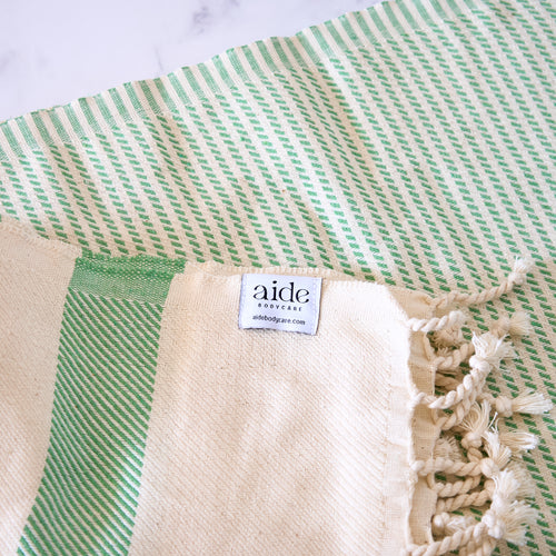 sage and oatmeal striped Turkish towel detail